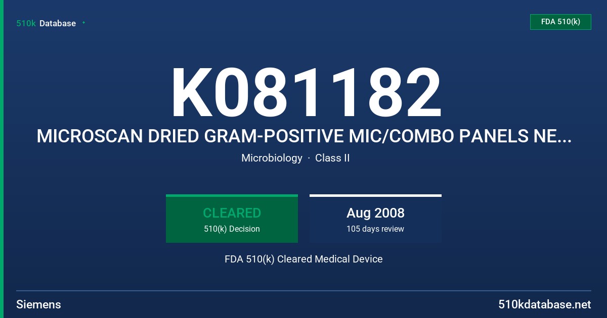 K081182 MICROSCAN DRIED GRAM-POSITIVE MIC/COMBO PANELS NEW ANTIMICROBIAL TEST - INDUCIBLE CLINDAMYCIN FDA 510(k) Cleared Medical Device
