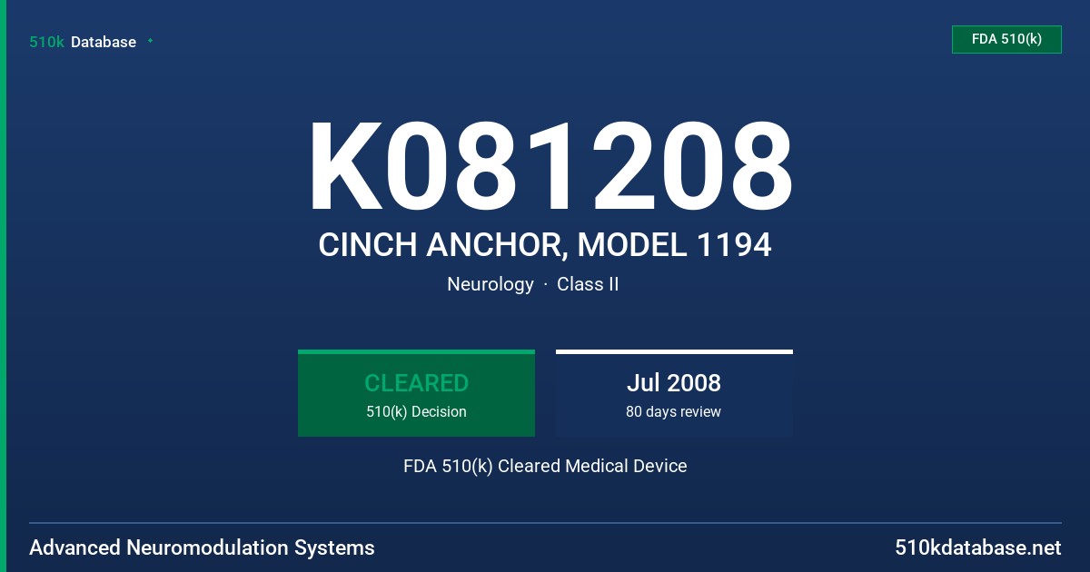 K081208 CINCH ANCHOR, MODEL 1194 FDA 510(k) Cleared Medical Device