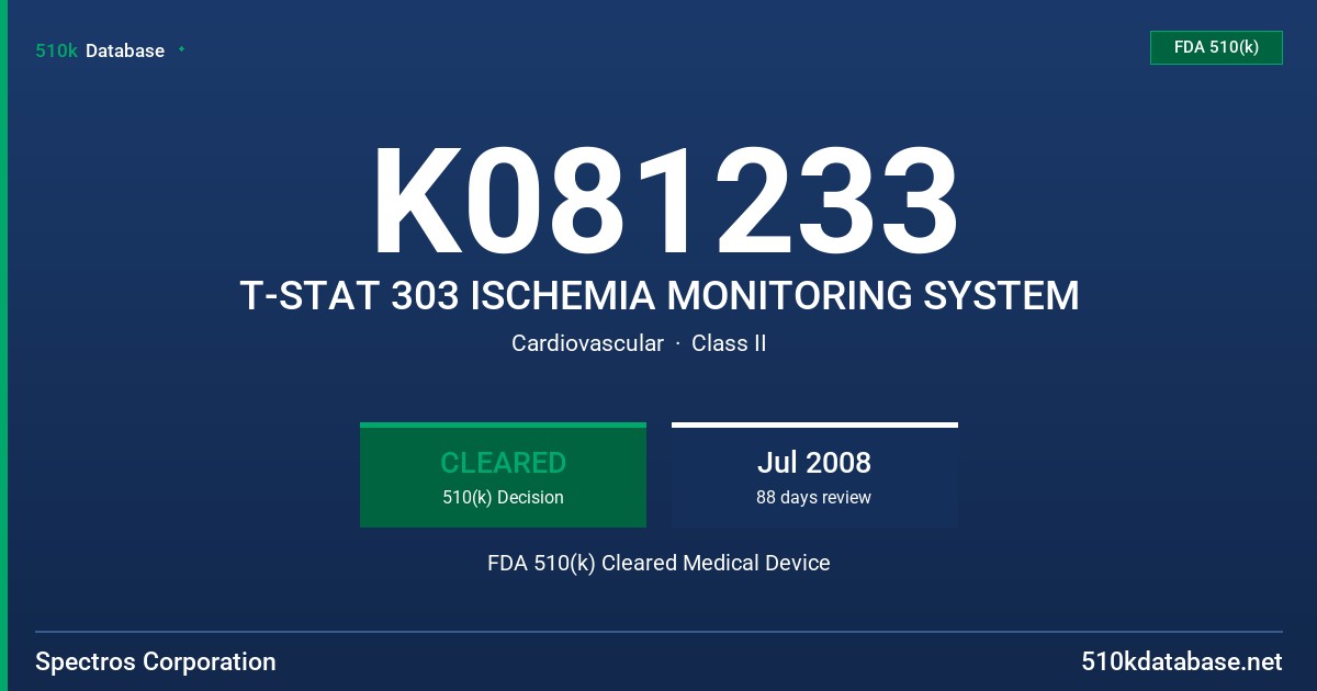 K081233 T-STAT 303 ISCHEMIA MONITORING SYSTEM FDA 510(k) Cleared Medical Device
