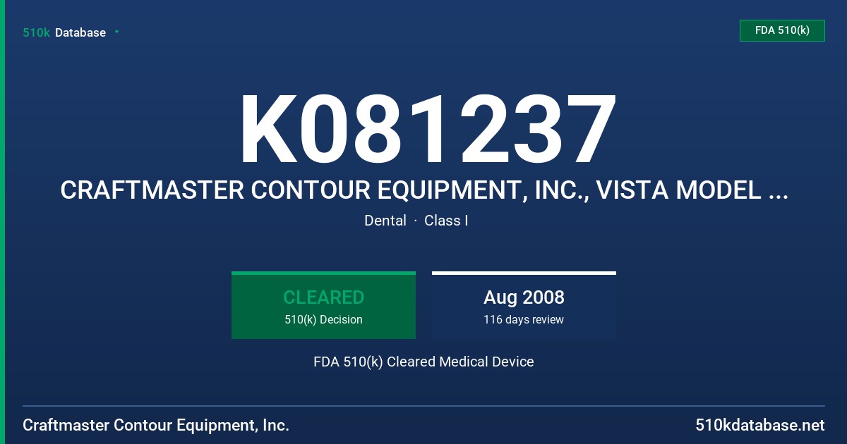 K081237 CRAFTMASTER CONTOUR EQUIPMENT, INC., VISTA MODEL V-20, SATELLITE MOBILE UNIT MODEL ST-98 AND SATELLITE UNIT FDA 510(k) Cleared Medical Device