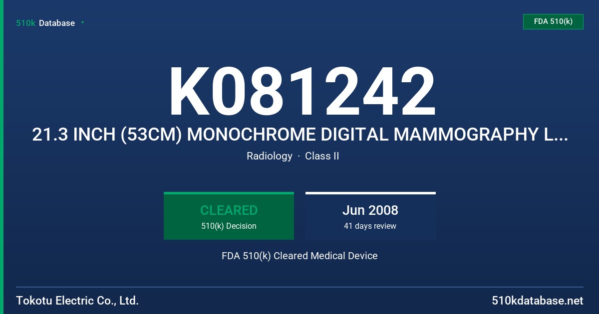 K081242 21.3 INCH (53CM) MONOCHROME DIGITAL MAMMOGRAPHY LCD MONITOR MS51I2, (MDL2123A) FDA 510(k) Cleared Medical Device