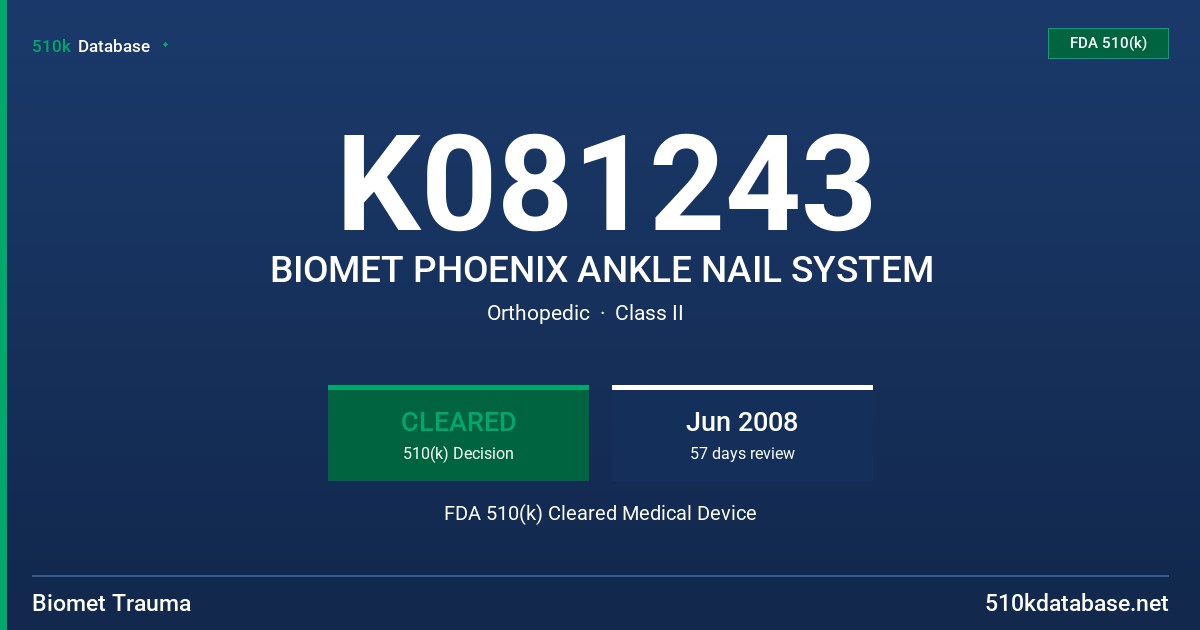 K081243 BIOMET PHOENIX ANKLE NAIL SYSTEM FDA 510(k) Cleared Medical Device