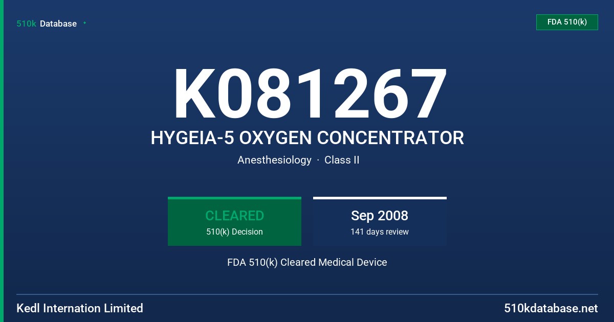 K081267 HYGEIA-5 OXYGEN CONCENTRATOR FDA 510(k) Cleared Medical Device