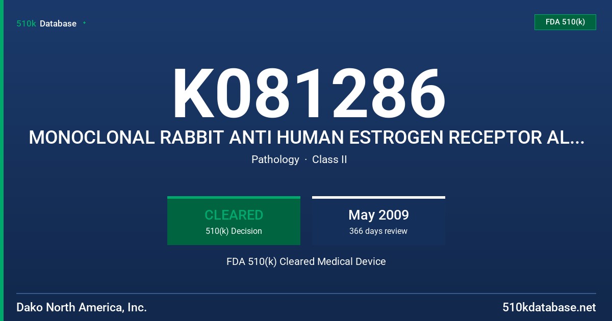 K081286 MONOCLONAL RABBIT ANTI HUMAN ESTROGEN RECEPTOR ALPHA ANTIBODY CLONE SP1, MODEL M3634 FDA 510(k) Cleared Medical Device