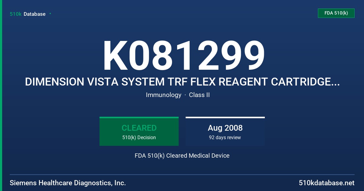 K081299 DIMENSION VISTA SYSTEM TRF FLEX REAGENT CARTRIDGE, DIMENSION VISTA SYSTEM PROTEIN 1 CALIBRATOR, AND DIMENSION VISTA FDA 510(k) Cleared Medical Device