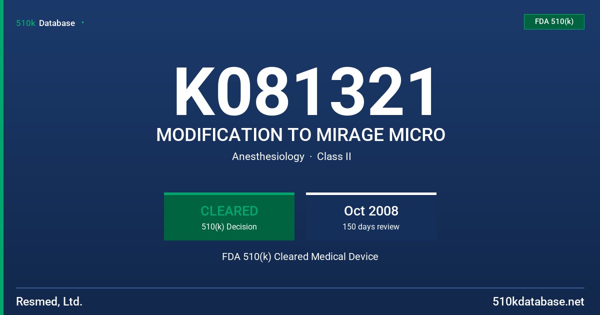 K081321 MODIFICATION TO MIRAGE MICRO FDA 510(k) Cleared Medical Device