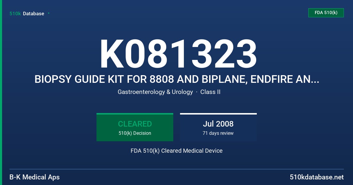 K081323 BIOPSY GUIDE KIT FOR 8808 AND BIPLANE, ENDFIRE AND DUAL BIOPSY GUIDES FOR 8818 FDA 510(k) Cleared Medical Device