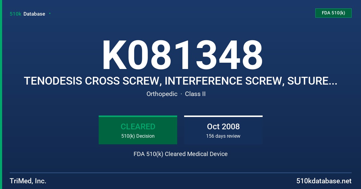 K081348 TENODESIS CROSS SCREW, INTERFERENCE SCREW, SUTURE BEAD FDA 510(k) Cleared Medical Device