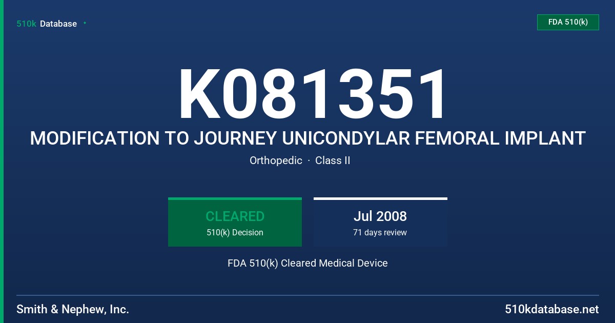 K081351 MODIFICATION TO JOURNEY UNICONDYLAR FEMORAL IMPLANT FDA 510(k) Cleared Medical Device