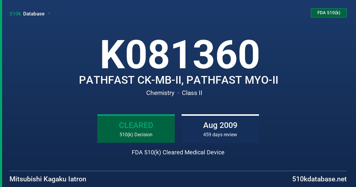 K081360 PATHFAST CK-MB-II, PATHFAST MYO-II FDA 510(k) Cleared Medical Device
