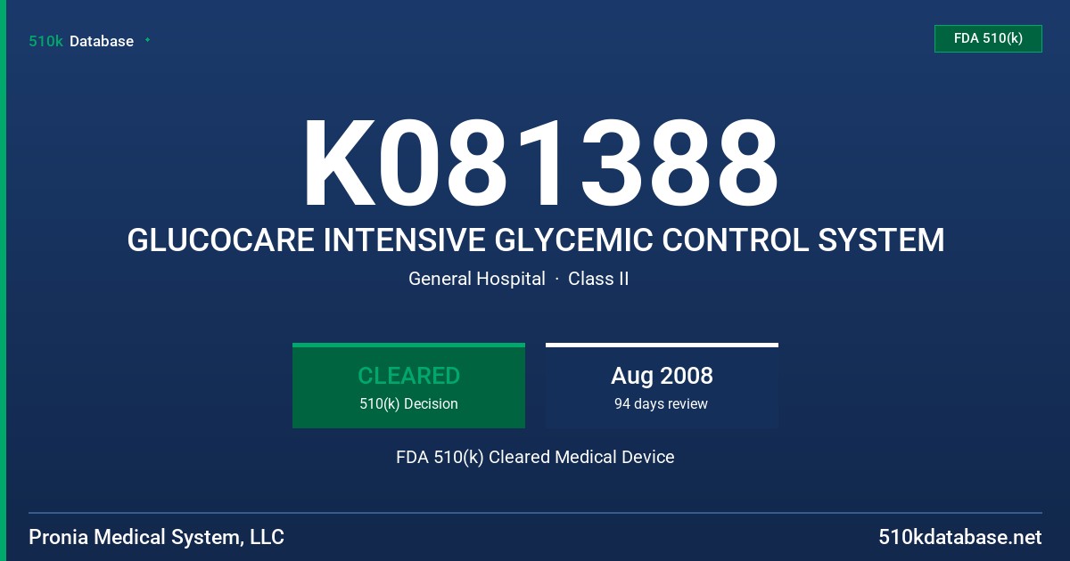 K081388 GLUCOCARE INTENSIVE GLYCEMIC CONTROL SYSTEM FDA 510(k) Cleared Medical Device