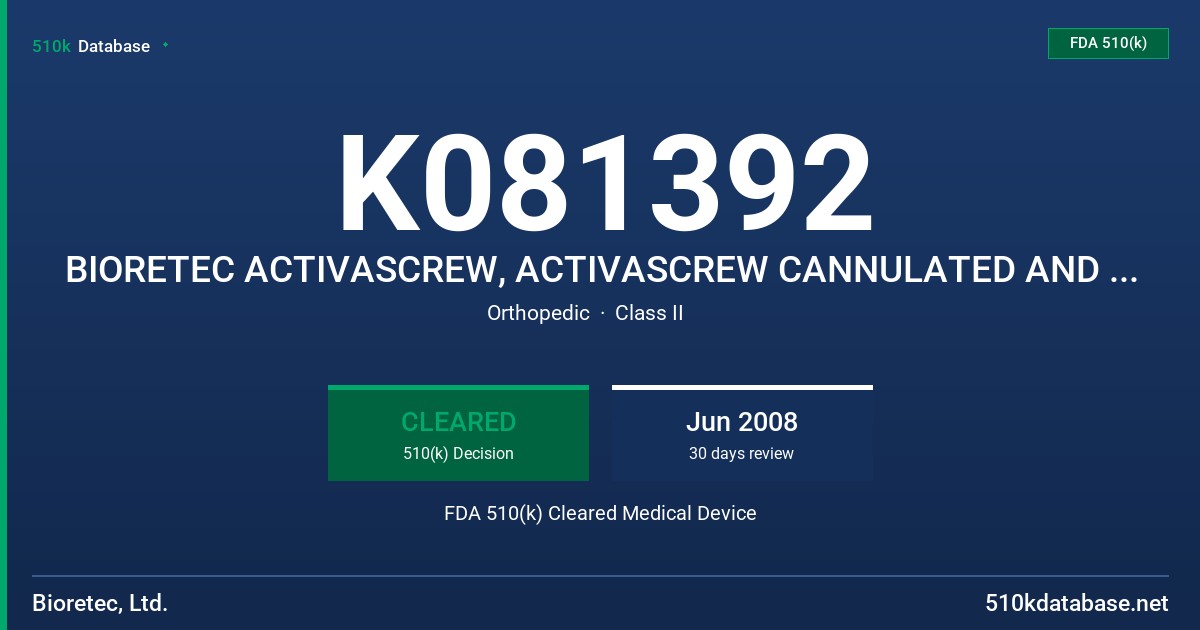 K081392 BIORETEC ACTIVASCREW, ACTIVASCREW CANNULATED AND ACTIVASCREW CANNULATED WITH ACTIVAPIN FDA 510(k) Cleared Medical Device