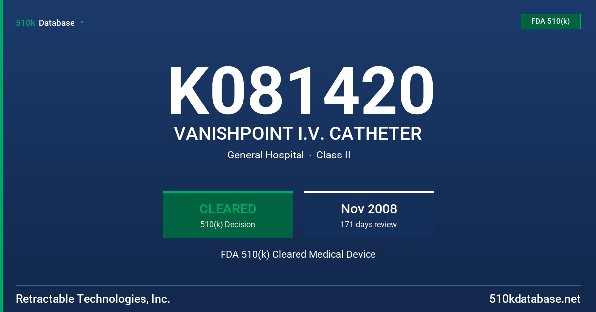 K081420 VANISHPOINT I.V. CATHETER FDA 510(k) Cleared Medical Device