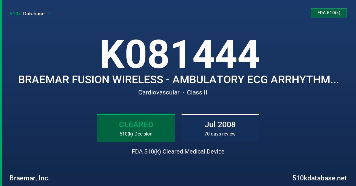 K081444 BRAEMAR FUSION WIRELESS - AMBULATORY ECG ARRHYTHMIA MONITORING SYSTEM FDA 510(k) Cleared Medical Device