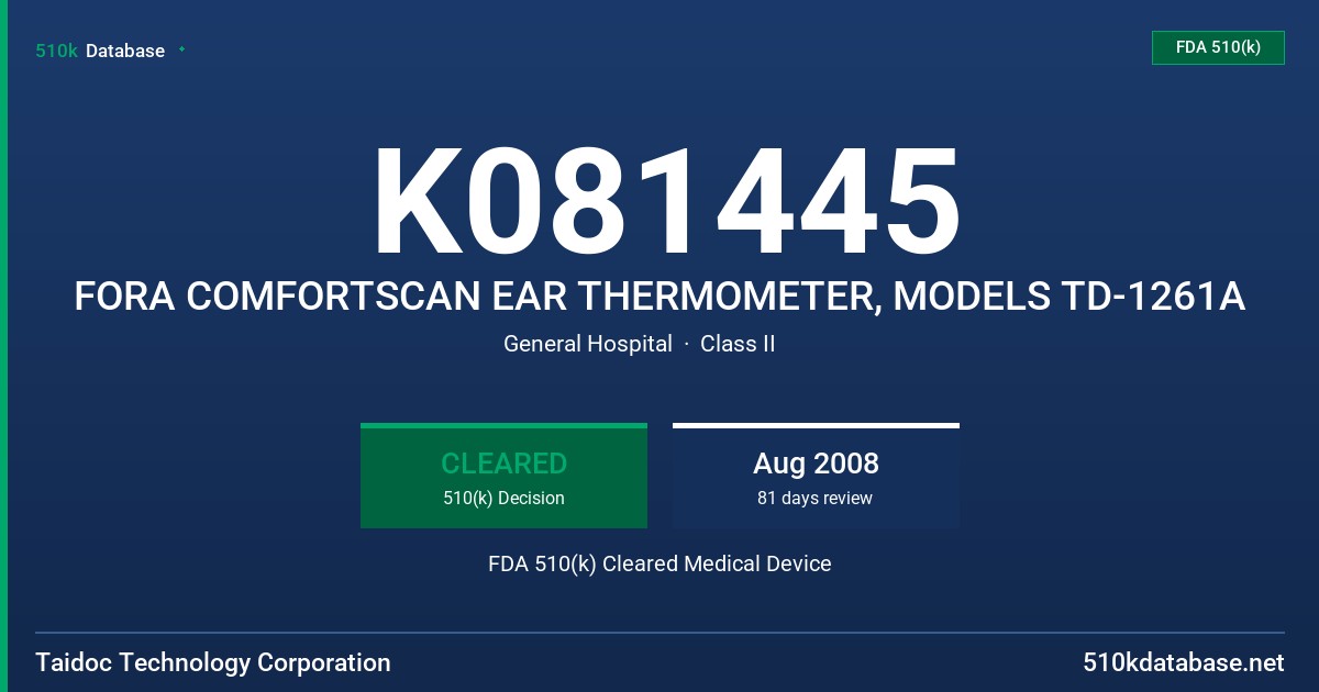 K081445 FORA COMFORTSCAN EAR THERMOMETER, MODELS TD-1261A FDA 510(k) Cleared Medical Device