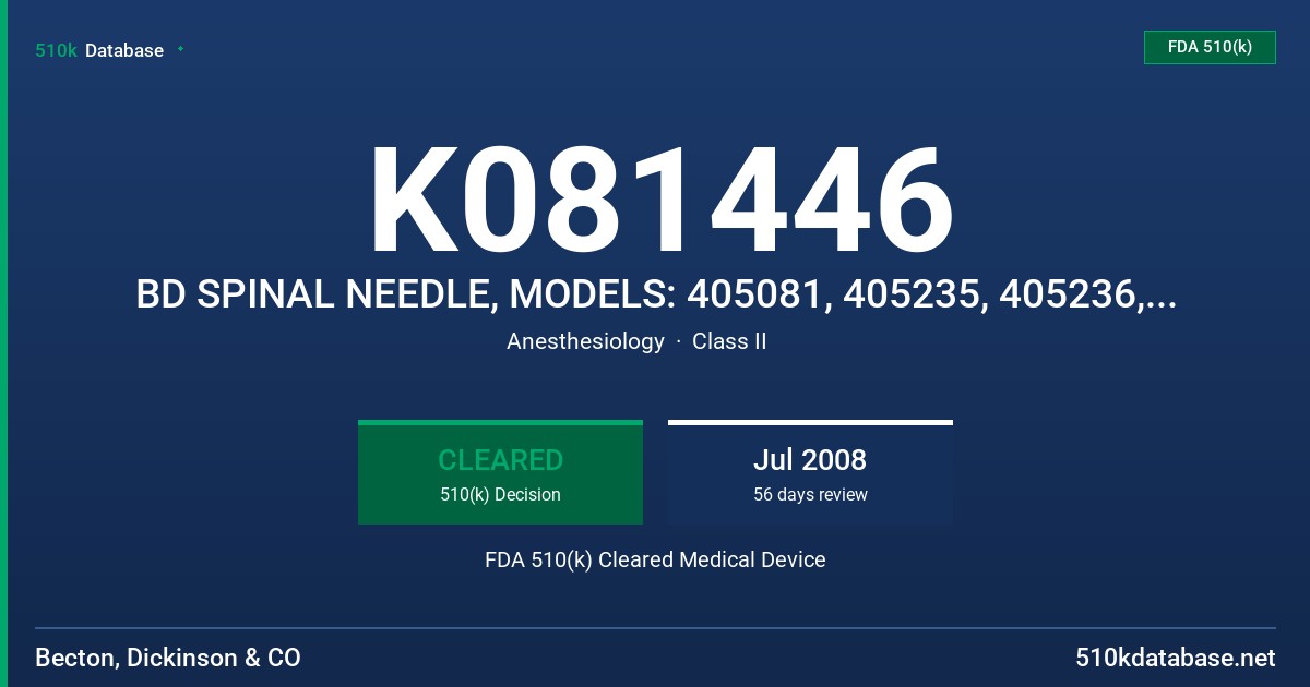 K081446 BD SPINAL NEEDLE, MODELS: 405081, 405235, 405236, 405237 FDA 510(k) Cleared Medical Device