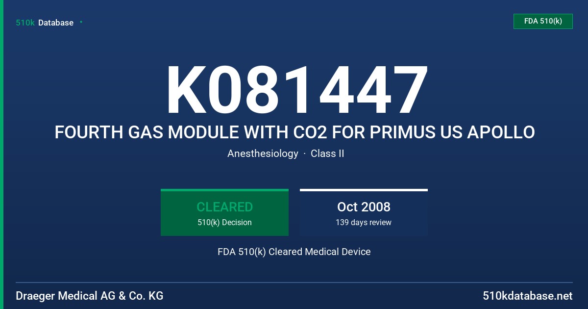 K081447 FOURTH GAS MODULE WITH CO2 FOR PRIMUS US APOLLO FDA 510(k) Cleared Medical Device