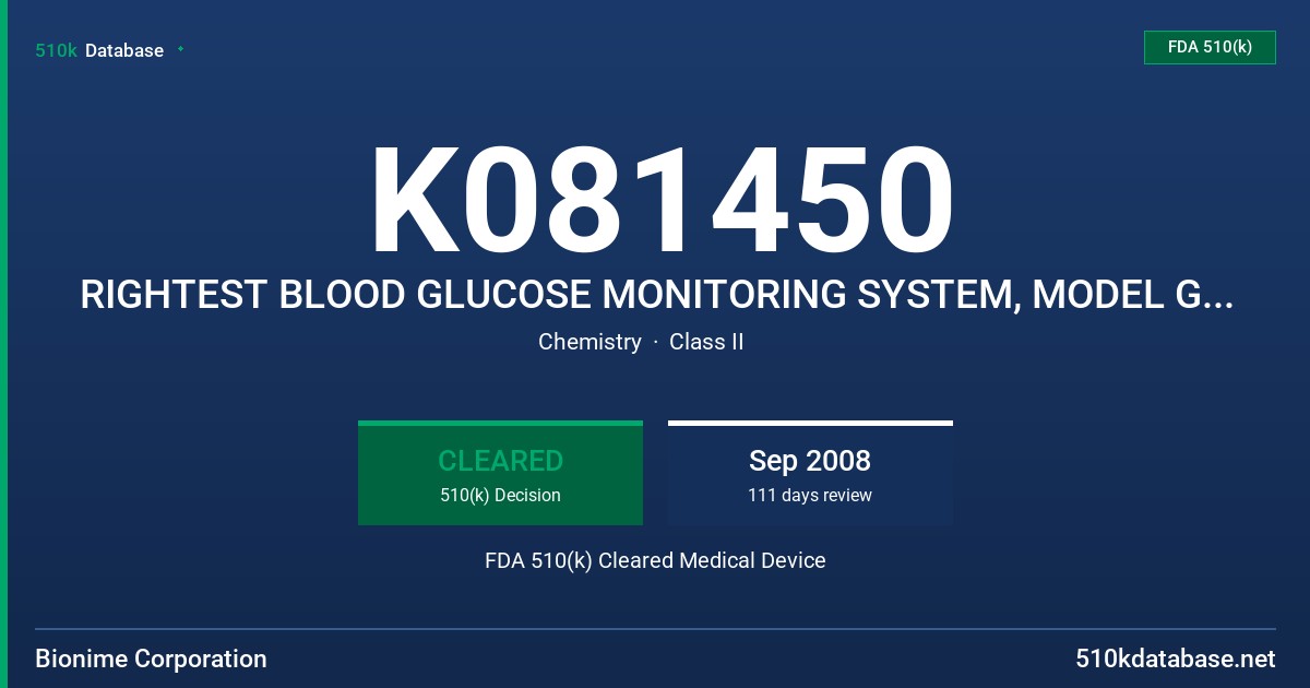 K081450 RIGHTEST BLOOD GLUCOSE MONITORING SYSTEM, MODEL GM110 FDA 510(k) Cleared Medical Device