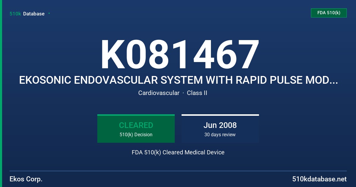 K081467 EKOSONIC ENDOVASCULAR SYSTEM WITH RAPID PULSE MODULATION FDA 510(k) Cleared Medical Device