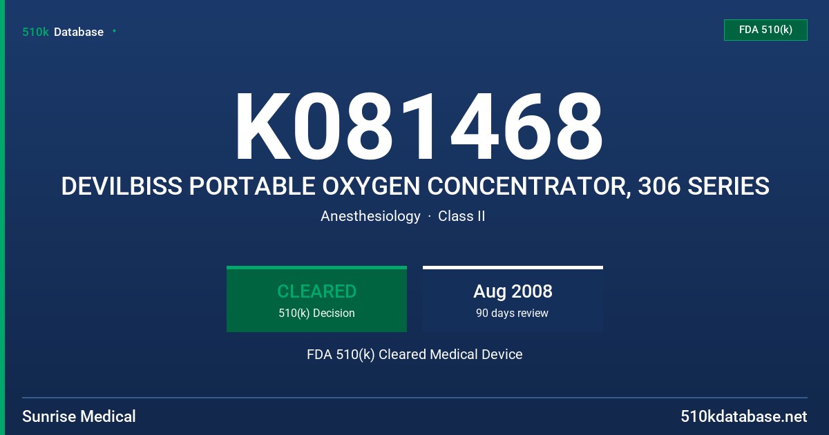 K081468 DEVILBISS PORTABLE OXYGEN CONCENTRATOR, 306 SERIES FDA 510(k) Cleared Medical Device