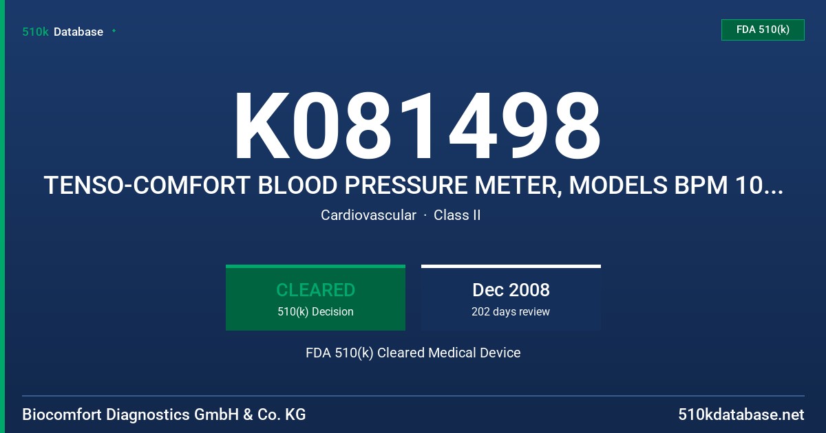 K081498 TENSO-COMFORT BLOOD PRESSURE METER, MODELS BPM 105 AND BPM 205 FDA 510(k) Cleared Medical Device