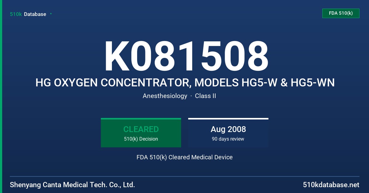 K081508 HG OXYGEN CONCENTRATOR, MODELS HG5-W & HG5-WN FDA 510(k) Cleared Medical Device