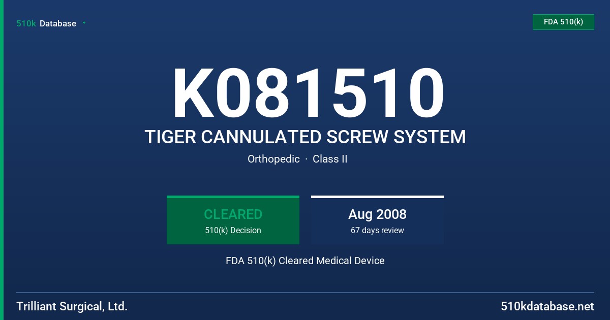 K081510 TIGER CANNULATED SCREW SYSTEM FDA 510(k) Cleared Medical Device