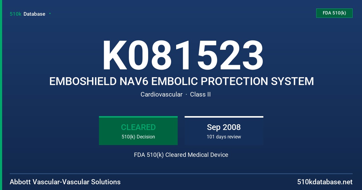 K081523 EMBOSHIELD NAV6 EMBOLIC PROTECTION SYSTEM FDA 510(k) Cleared Medical Device