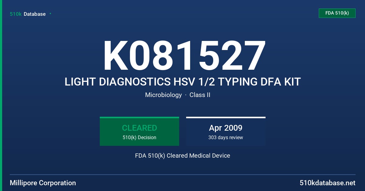 K081527 LIGHT DIAGNOSTICS HSV 1/2 TYPING DFA KIT FDA 510(k) Cleared Medical Device