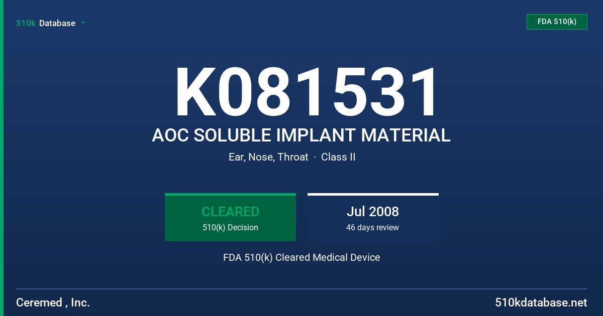 K081531 AOC SOLUBLE IMPLANT MATERIAL FDA 510(k) Cleared Medical Device