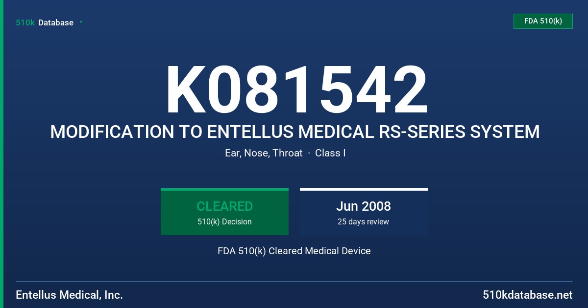 K081542 MODIFICATION TO ENTELLUS MEDICAL RS-SERIES SYSTEM FDA 510(k) Cleared Medical Device