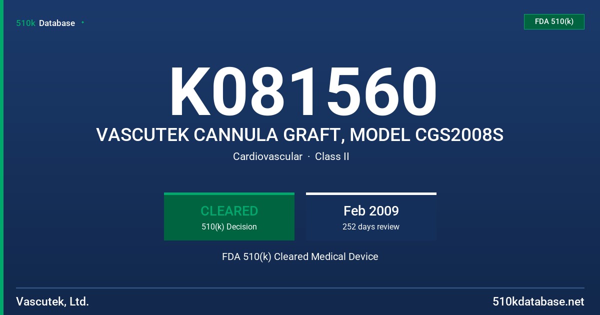 K081560 VASCUTEK CANNULA GRAFT, MODEL CGS2008S FDA 510(k) Cleared Medical Device