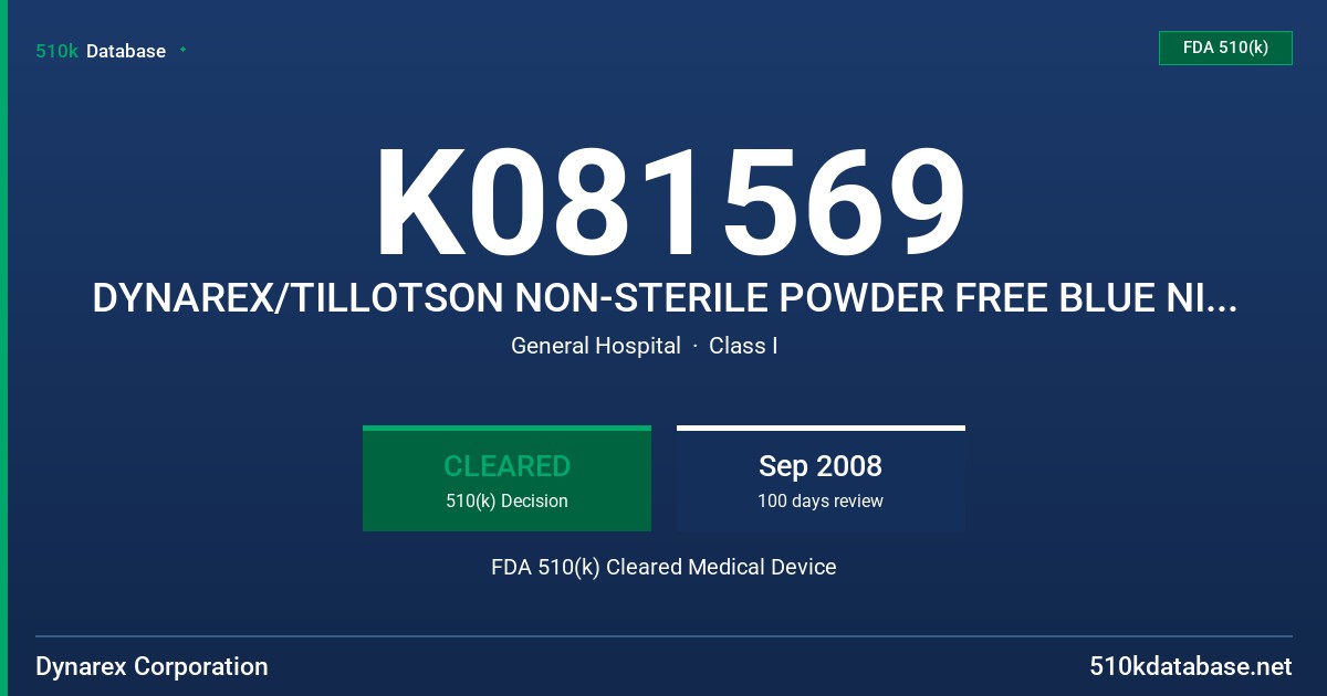 K081569 DYNAREX/TILLOTSON NON-STERILE POWDER FREE BLUE NITRILE PATIENT EXAM GLOVE FOR USE WITH CHEMOTHERAPY DRUGS FDA 510(k) Cleared Medical Device
