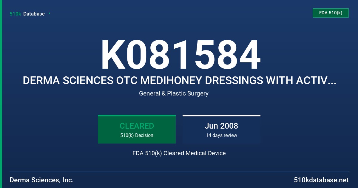 K081584 DERMA SCIENCES OTC MEDIHONEY DRESSINGS WITH ACTIVE MANUKA HONEY FDA 510(k) Cleared Medical Device