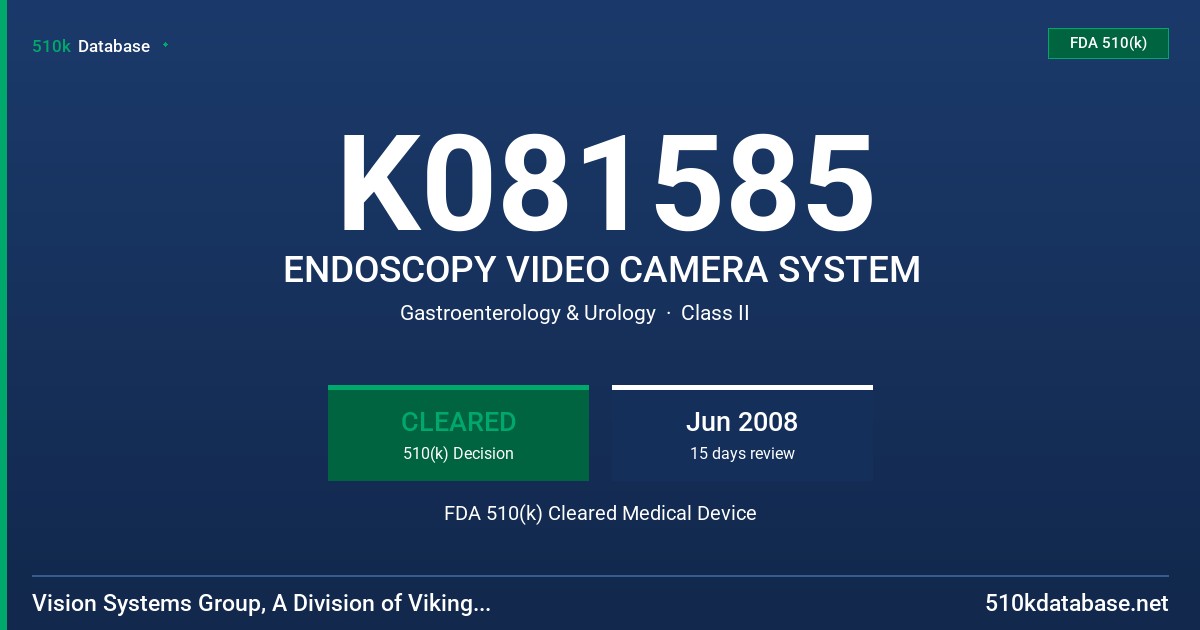 K081585 ENDOSCOPY VIDEO CAMERA SYSTEM FDA 510(k) Cleared Medical Device