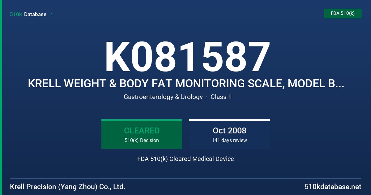 K081587 KRELL WEIGHT & BODY FAT MONITORING SCALE, MODEL BFA-8530 FDA 510(k) Cleared Medical Device