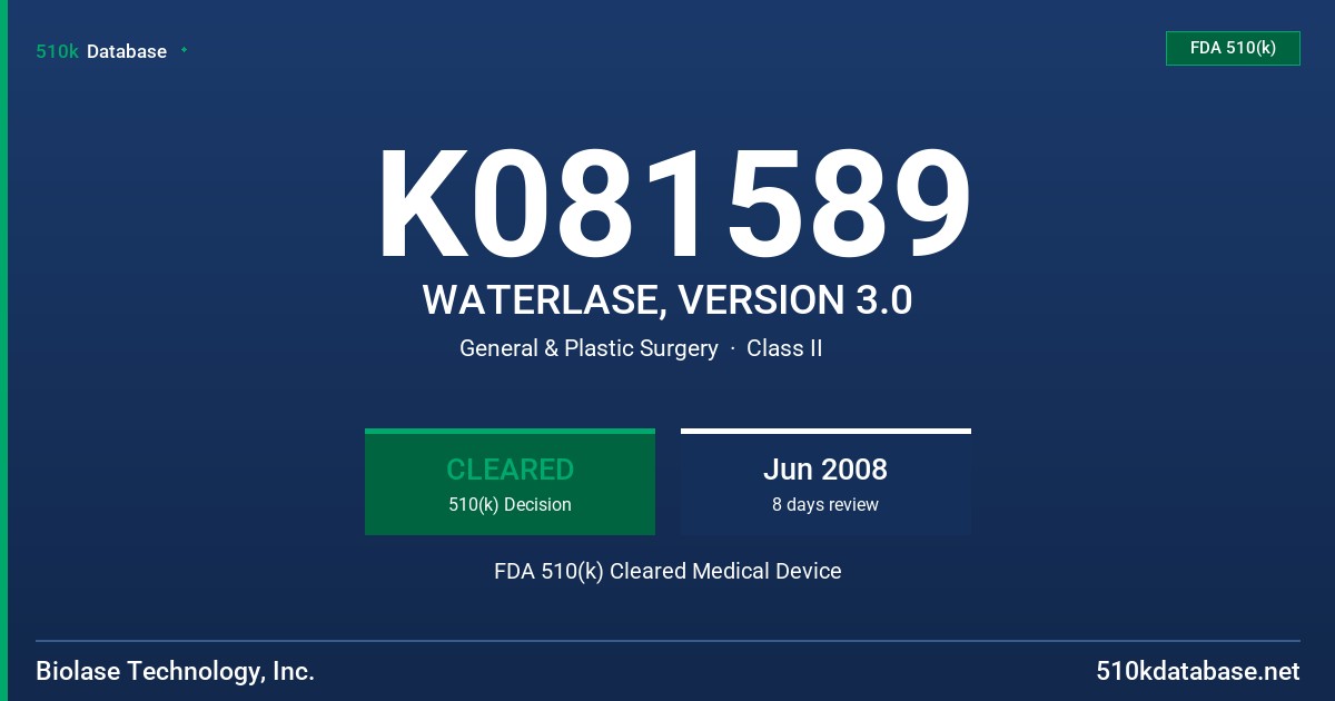 K081589 WATERLASE, VERSION 3.0 FDA 510(k) Cleared Medical Device