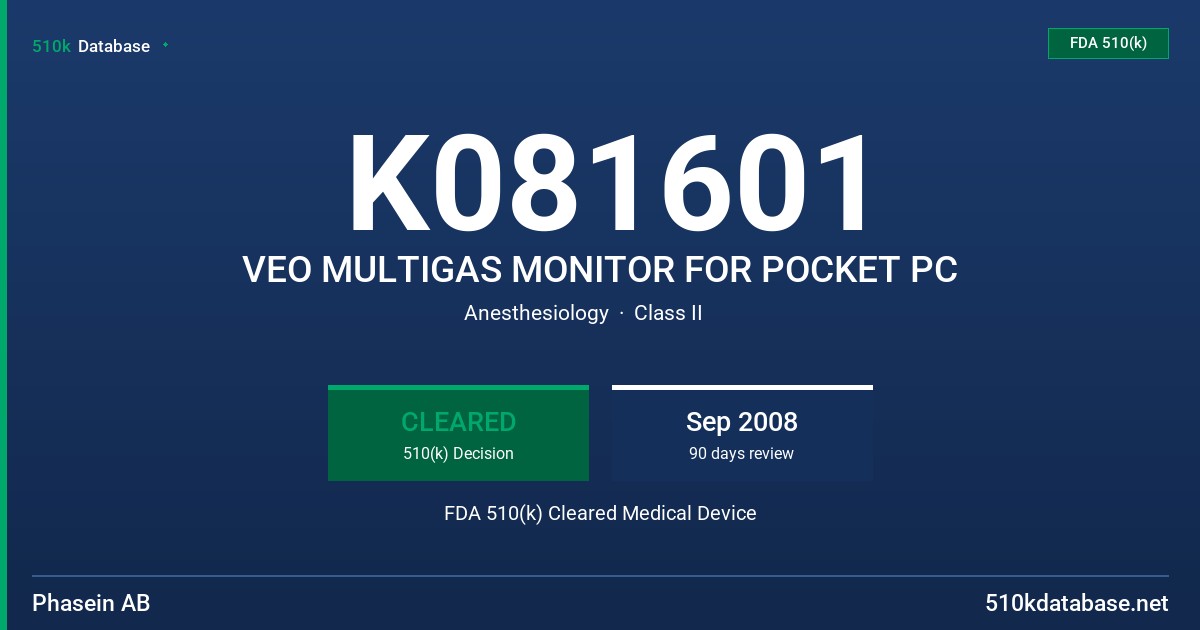 K081601 VEO MULTIGAS MONITOR FOR POCKET PC FDA 510(k) Cleared Medical Device