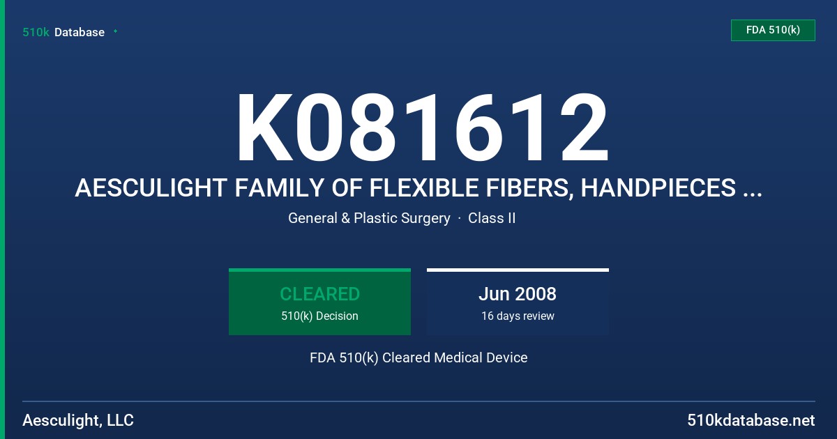 K081612 AESCULIGHT FAMILY OF FLEXIBLE FIBERS, HANDPIECES AND TIPS FOR CO2 SURGICAL LASERS FDA 510(k) Cleared Medical Device
