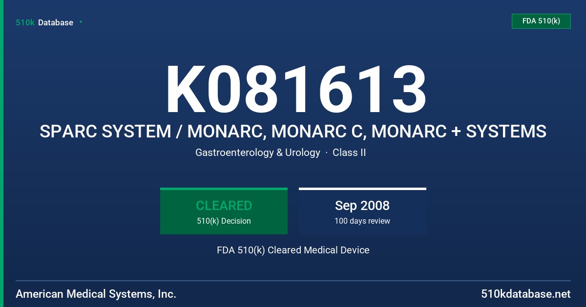 K081613 SPARC SYSTEM / MONARC, MONARC C, MONARC + SYSTEMS FDA 510(k) Cleared Medical Device
