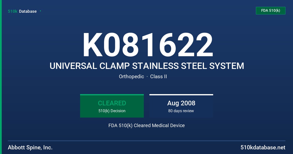 K081622 UNIVERSAL CLAMP STAINLESS STEEL SYSTEM FDA 510(k) Cleared Medical Device