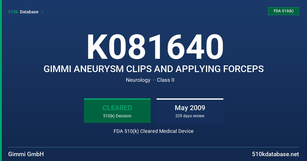 K081640 GIMMI ANEURYSM CLIPS AND APPLYING FORCEPS FDA 510(k) Cleared Medical Device