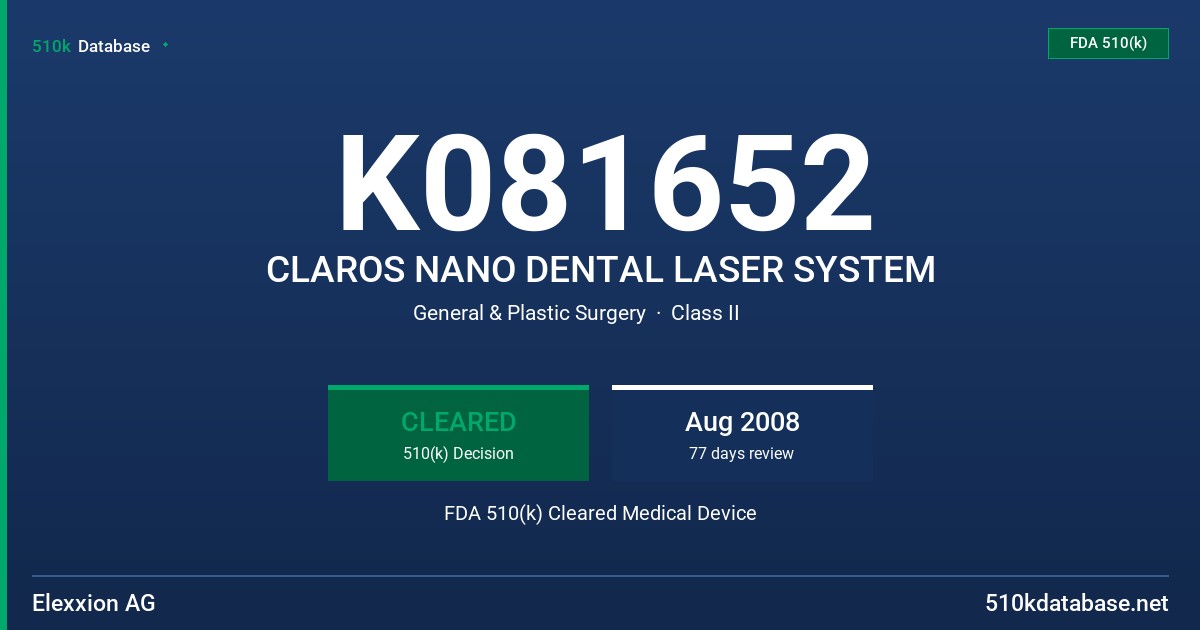 K081652 CLAROS NANO DENTAL LASER SYSTEM FDA 510(k) Cleared Medical Device
