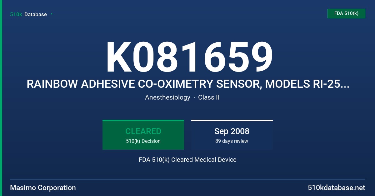 K081659 RAINBOW ADHESIVE CO-OXIMETRY SENSOR, MODELS RI-25-L, RI-25, RI-20 AND RI-20-L FDA 510(k) Cleared Medical Device