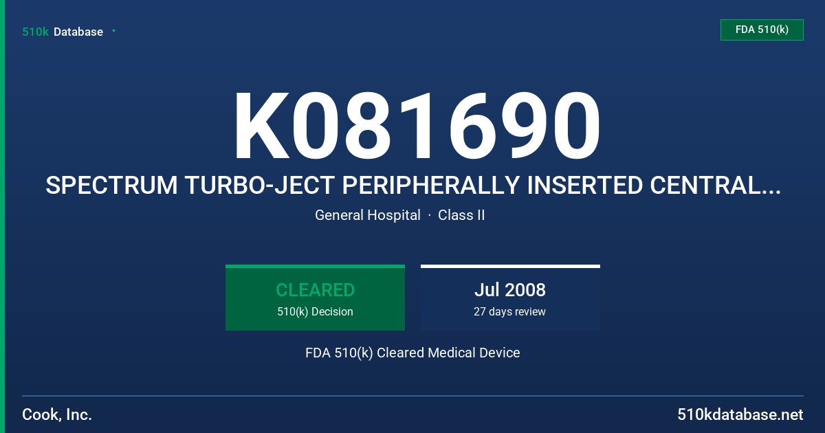 K081690 SPECTRUM TURBO-JECT PERIPHERALLY INSERTED CENTRAL VENOUS CATHETER FDA 510(k) Cleared Medical Device