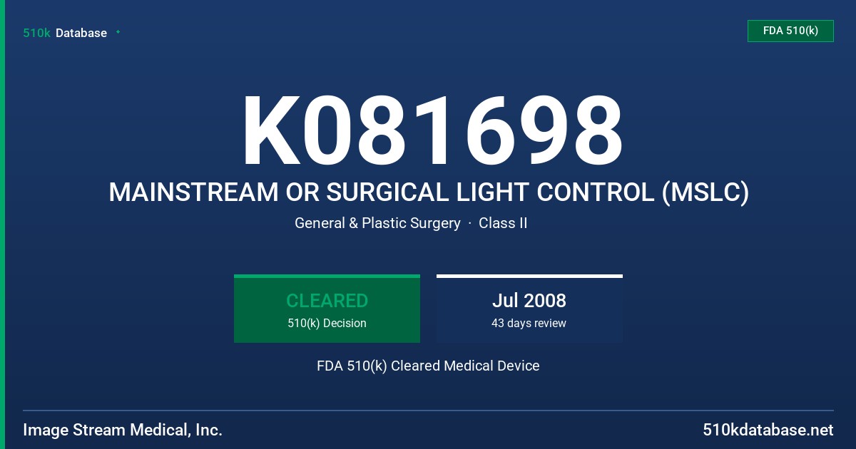 K081698 MAINSTREAM OR SURGICAL LIGHT CONTROL (MSLC) FDA 510(k) Cleared Medical Device