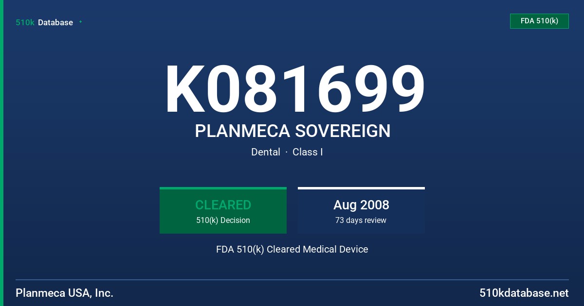 K081699 PLANMECA SOVEREIGN FDA 510(k) Cleared Medical Device