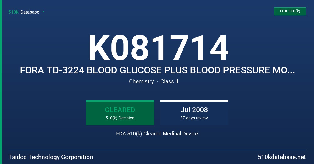 K081714 FORA TD-3224 BLOOD GLUCOSE PLUS BLOOD PRESSURE MONITORING SYSTEM FDA 510(k) Cleared Medical Device