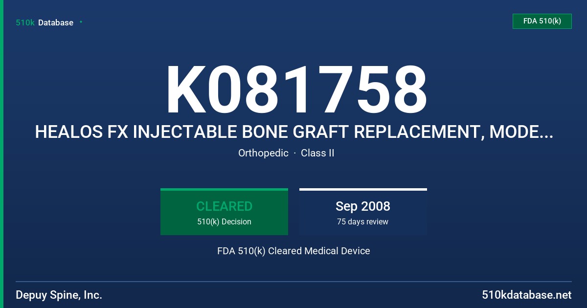 K081758 HEALOS FX INJECTABLE BONE GRAFT REPLACEMENT, MODELS 276175002, 276175005, 276175010, 276175015 FDA 510(k) Cleared Medical Device