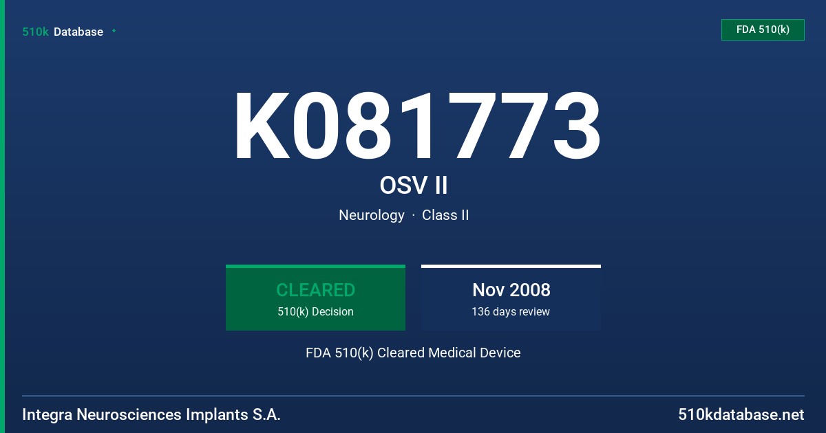 K081773 OSV II FDA 510(k) Cleared Medical Device